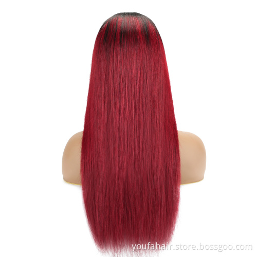Factory Price Brazilian Virgin Human Hair Red Wine Ombre Color 1b/burgundy 4x4 Transparent HD Lace Closure Wigs for Black Women
